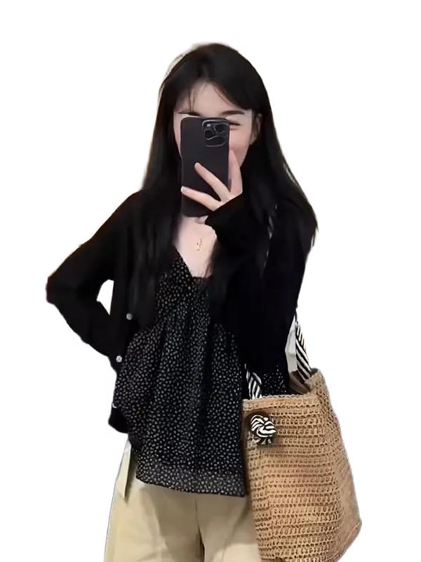 Dwuczęściowy komplet w groszki w dużych rozmiarach: Francuski Retro Top na Ramiączkach i Kardigan