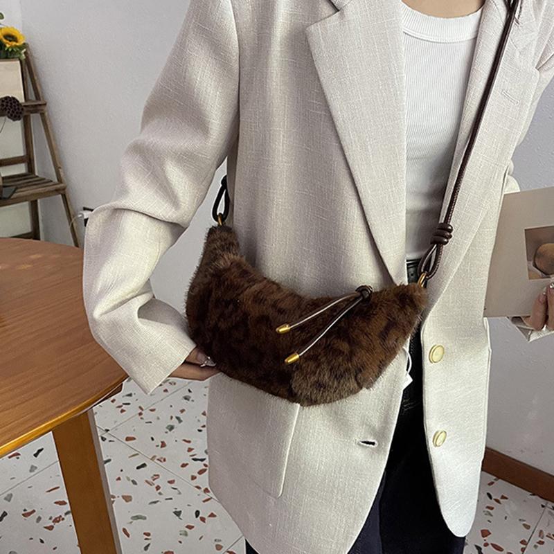 Leopard Print Faux Fur Shoulder Bag Vintage Women Plush Warm  Adjustable Strap Crossbody Bag CLE