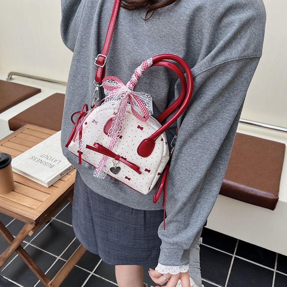 Lace Ribbon Boston Shoulder Bag French Style Women Handbags Trendy Bow Ribbons Bowling Bag Women