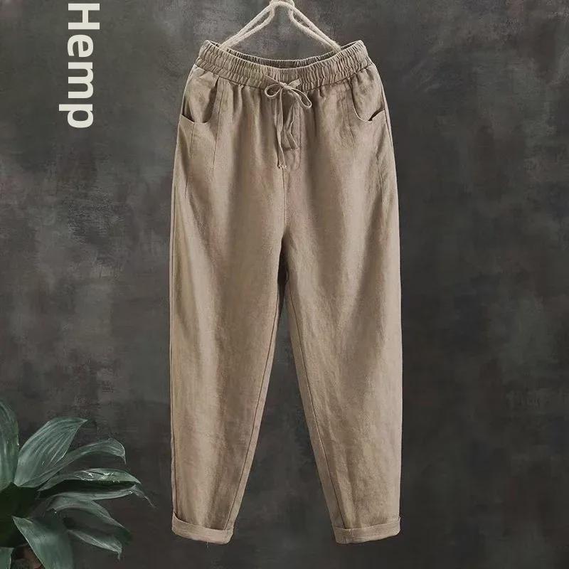 2024 Summer Women's Loose Cotton Linen Carrot Pants - Plus Size, Retro, Versatile Harem Style, Cropped Length.