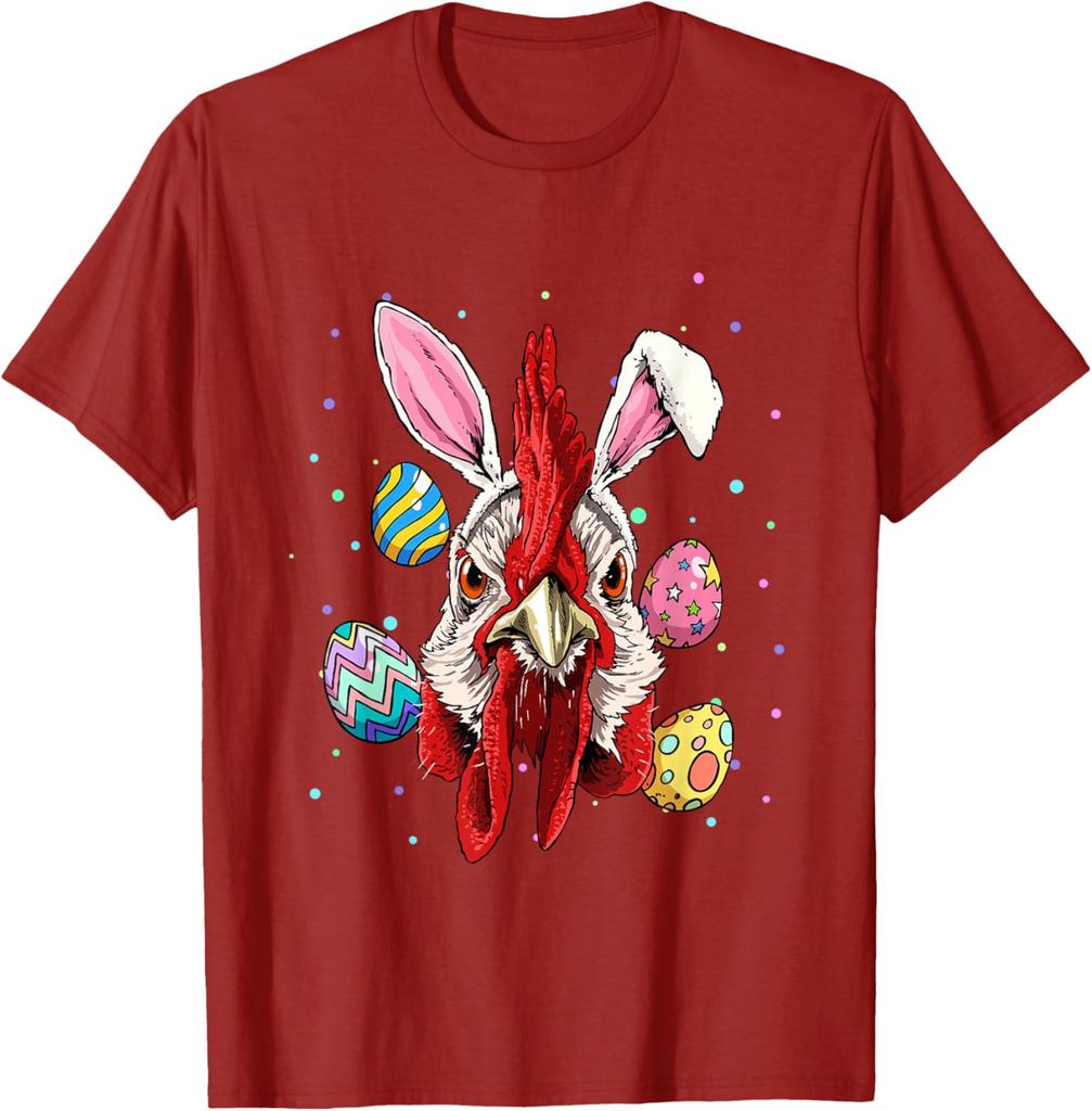Funny Rooster Bunny Easter Egg Graphic Tee Men's Casual Short Sleeve T-Shirt Trip