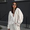 European and American Design Sense Pure Cotton White Jacquard V-neck Long-sleeved Shirt Women's 1116 Autumn Casual Retro Versatile Top