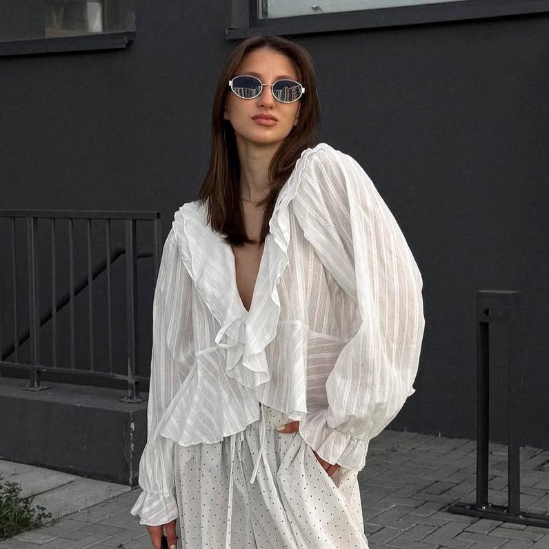 European and American Design Sense Pure Cotton White Jacquard V-neck Long-sleeved Shirt Women's 1116 Autumn Casual Retro Versatile Top