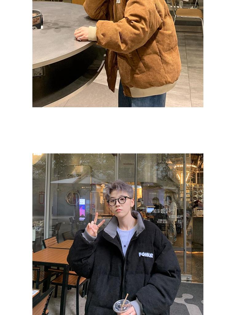 Men's Retro Corduroy Stand Collar Jacket, Autumn/Winter, Thickened with Letter Patch, Color Melange, Cotton Padded Outerwear.