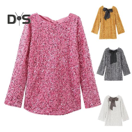 Damen Paillettenkleid mit großer Schleife und langen Ärmeln, A-Linie, lockerer Pullover, knielang, Cocktailparty, Club, Minikleid