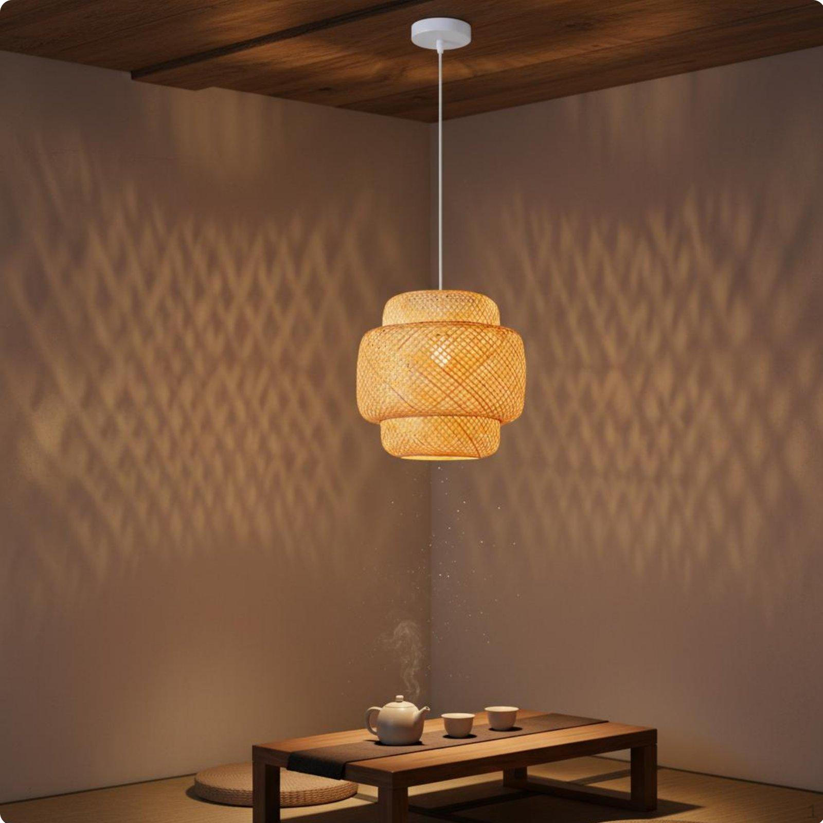 Bamboo Hanging Lamp Tranquil Influenced Woven Lampshade Material Rattan Ceiling Light for Tea Room, Natural Lantern