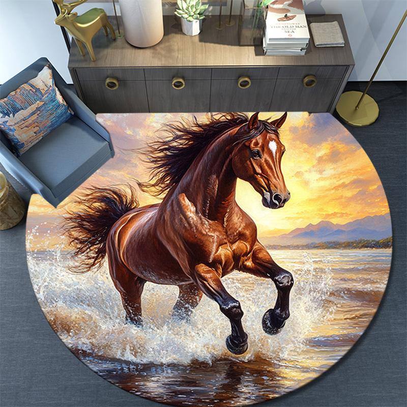 Galloping Horse Round Area Rug,Carpet Rug for Living Room Bedroom Sofa Playroom Decor,Non-slip Floor Mat