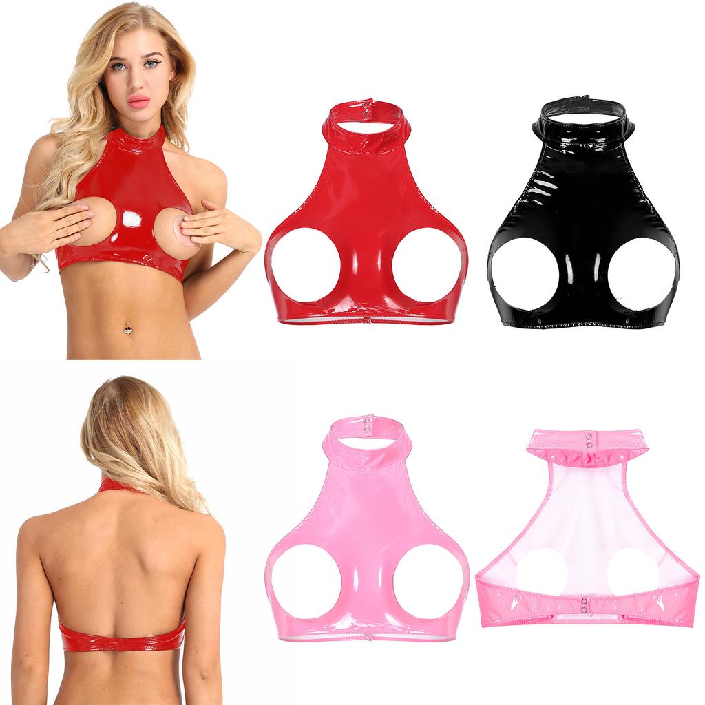 Sexy Women Wet Look Leather Cupless Cage Bra Top Sleeveless Halter Neck Backless Open Bust Crop Tank Tops Lingerie
