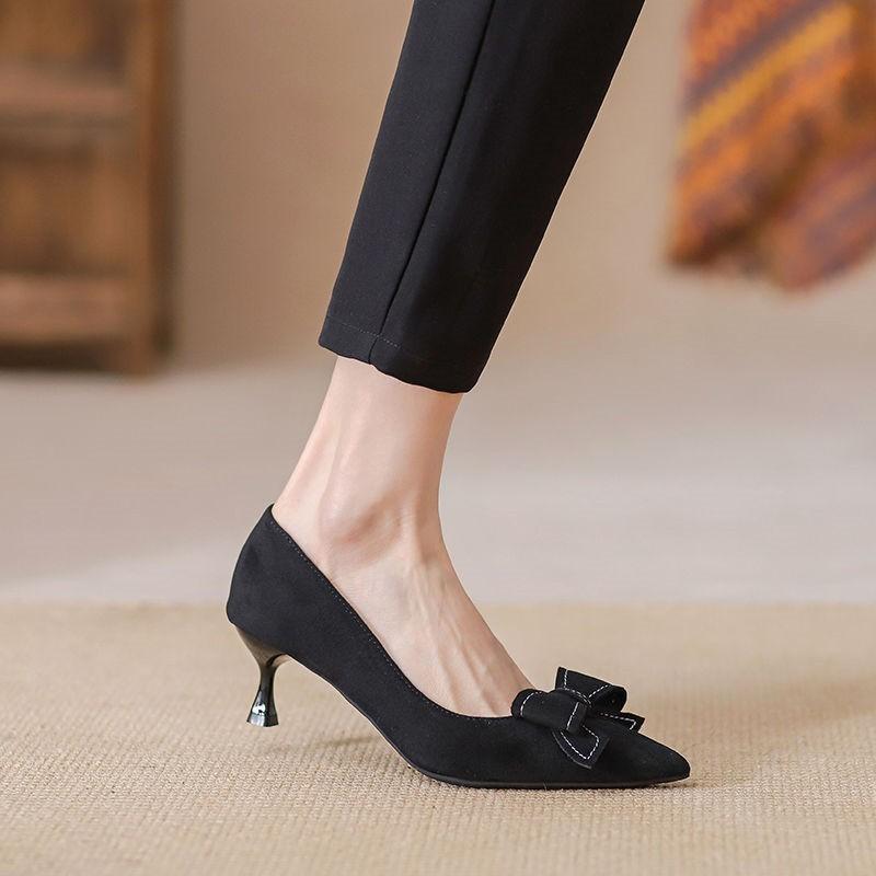 Fashion Slip-on Slim Heel Single Shoes Autumn New Pointed Toe Shallow Mouth Bow Non-Slip Wear-Resistant High Heels