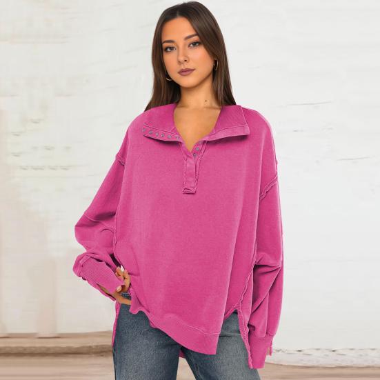 Fall Spring Women Sweatshirt Loose Turn-down Collar Lantern Sleeves Loose Solid Color Side
