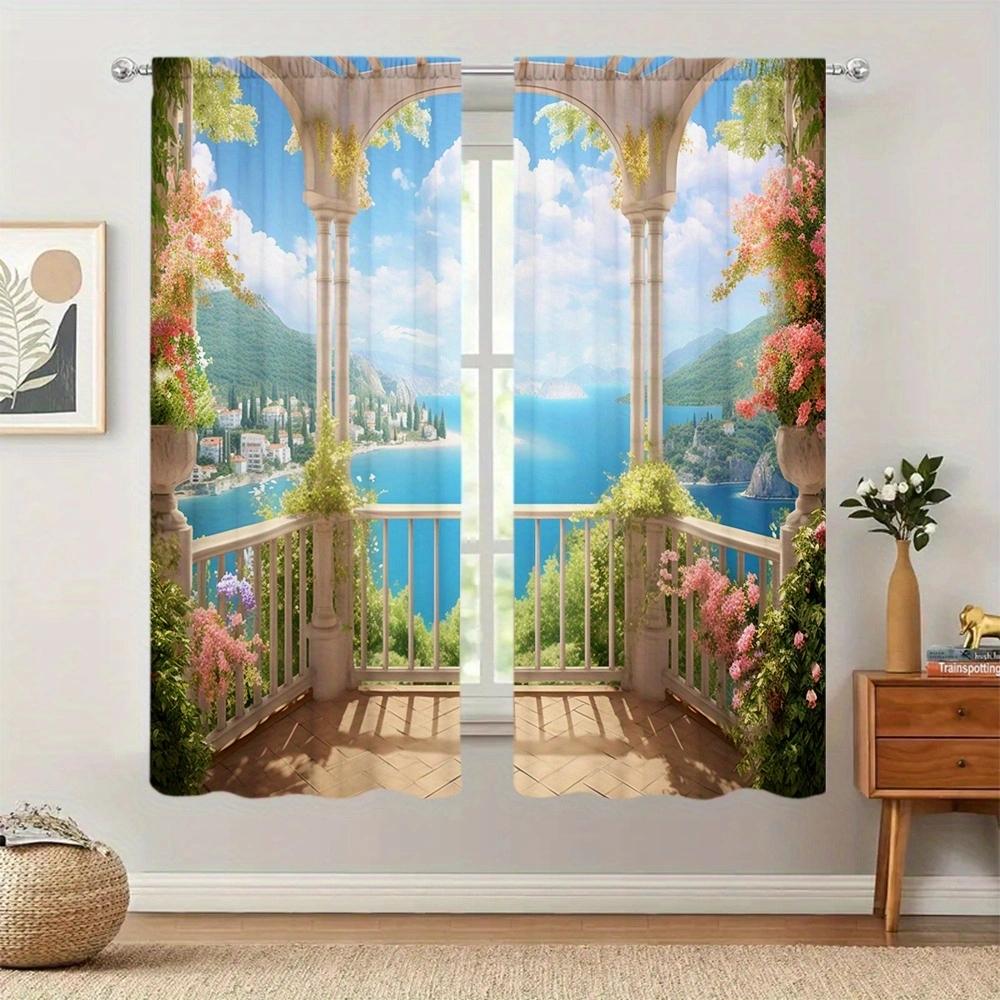 Balcony Landscape Printed Curtain for Home Decor - Rod Pocket Window Treatment for Bedroom, Kitchen, Living Room