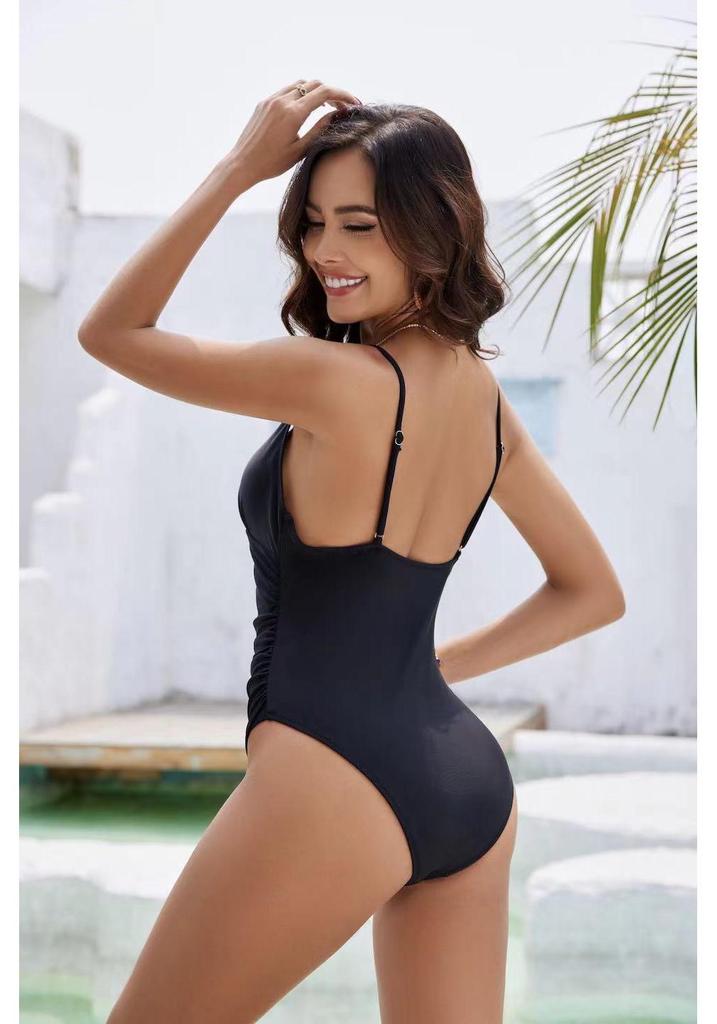 Women's Sexy Deep V One-Piece Slimming Swimsuit - Solid Color, Belly-Covering, Backless Design