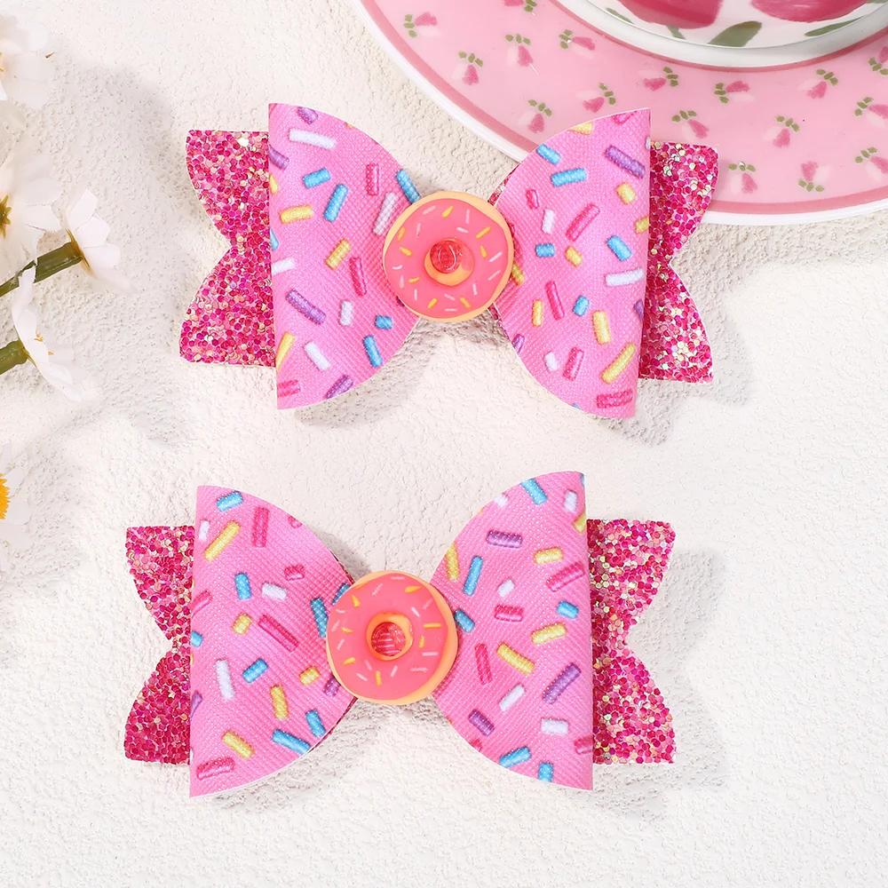 

2pcs/set Glitter Back To School Hair Bows Clip for Girls School Bus Hairpins Sweet Doughnut Barrettes Headwear Hair Acesssories