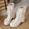 Winter Girls Ankle Boots Sweet Lolita Bowknot Lace Party Wedding Shoes Women High Heels Girls Princess Cosplay Fur Boots 30-43