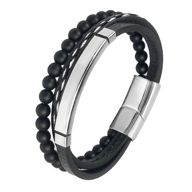 MingAo Charm Herrenschmuck Naturstein Mehrschichtiges Lederarmband Schwarzer Edelstahl Magnetischer Verschluss Tigerauge Perlenarmband