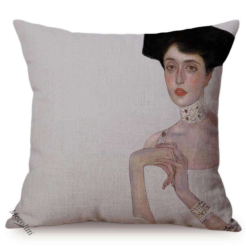 Gustav Klimt Elegant Woman Portrait Oil Painting Art Home Decoration Sofa Throw Pillow Case Sexy Lady Luxury Linen Cushion Cover