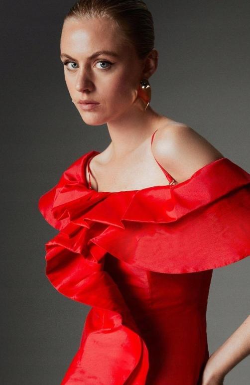 Karen Millen Vestido Rojo Mini Con Volante Y Escote Bardot 40 B1C