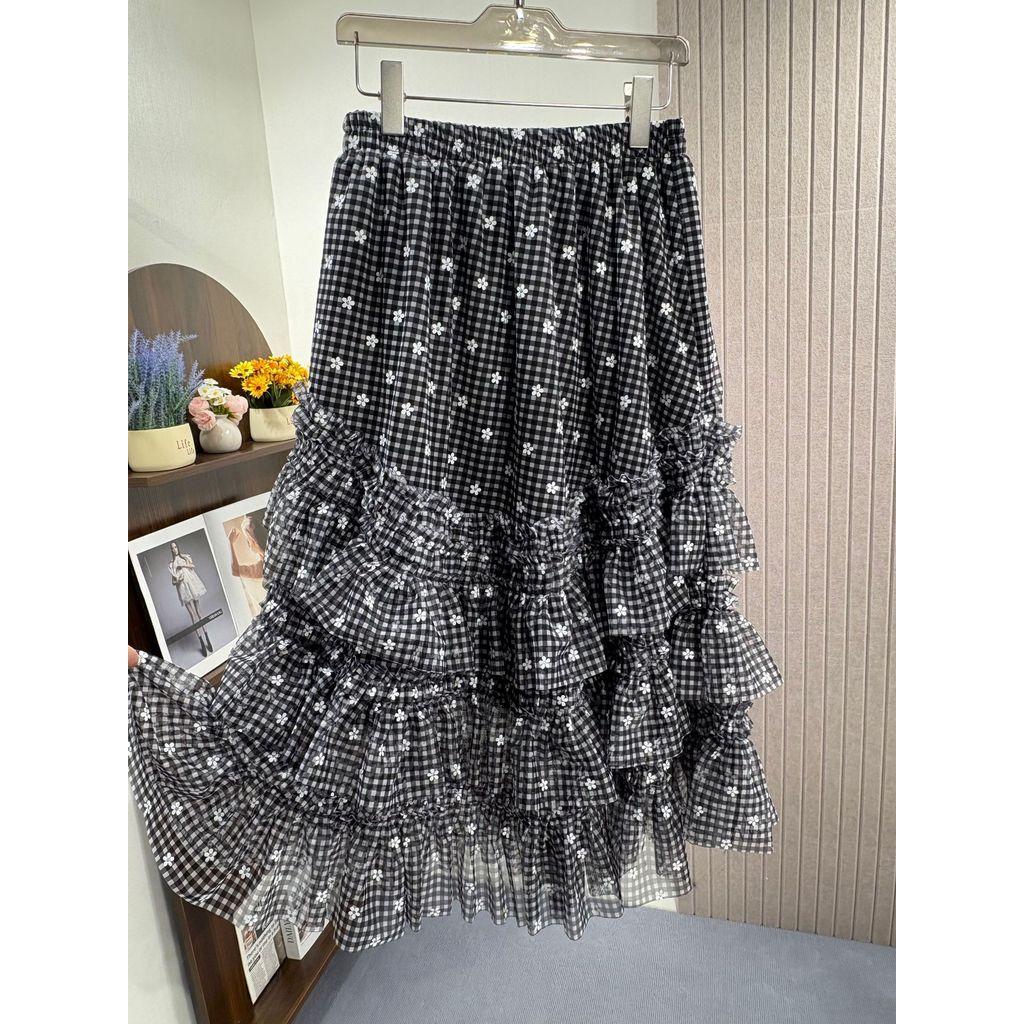 Qooth Printed Pleated Midi Skirt Elastic Waist Floral A-Line with Dense Ruffled Vintage QT2833