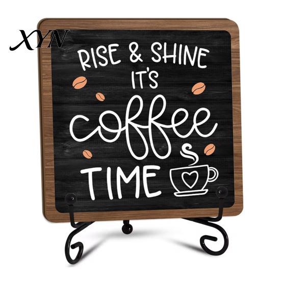 Cafe Store Decorations Coffee Themed Wooden Tabletop Sign, Rustic Kitchen Bar Plaque with Iron Station Accessories Stand, Farmhouse Home Dining