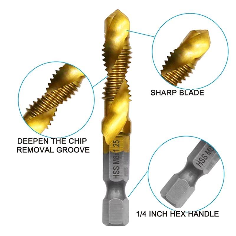 A96I-6Pc High Speed Steel M3-M10 Titanium Plated Composite Tap Hexagonal Drill And Tap Integrated Tap Machine