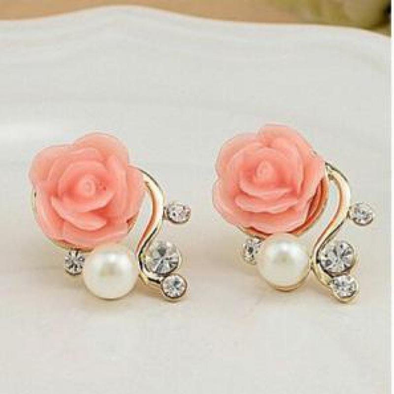 Korean Fashion Zircon Exaggerated Earrings New Style Korean Women Ol Pink Rose Imitation Pearl Crystal Earrings Wholesale