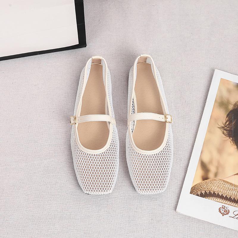 Damen Mesh Ballerinas Sommer Mary Jane Schuhe Ballerina Laufschuhe Rutschfest Quadratische Geschlossene Zehenpartie Mary Jane Ballerinas mit Verstellbarem Riemen Abendschuhe