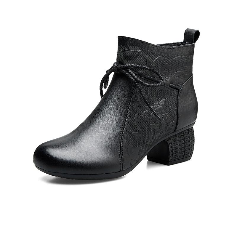 Shoes Women's Thick Heel Soft Sole Velvet Short Boots New Autumn and Winter Women's Shoes Retro First-layer Cowhide Cotton Shoes