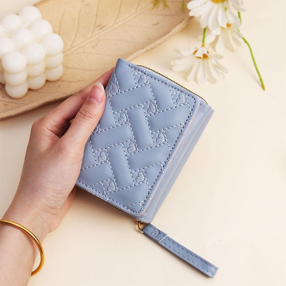 1Pc Fashi Embroidered Heart-Shaped Short Wallet, Heart Pattern Stitch Detail Coin Purse, Daily PU Leather Zipper Small Wallet