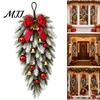 Faux Botanicals for Office Table Teardrop Swag with Red Bow Bells Ornaments, Frosted Artificial Pine Hanging Fake Floral Arrangements Home Decor