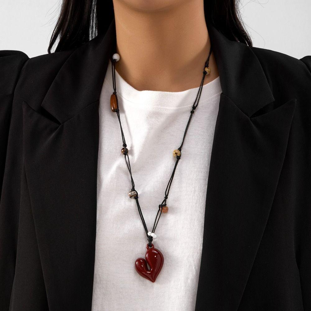 Flowers Beads Heart Pendant Necklace Adjustable Beaded Necklace Irregular Heart Necklace  For Women