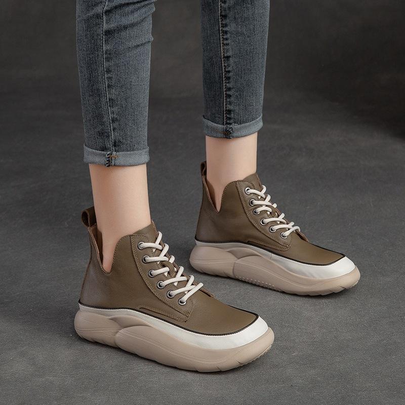 Fashion GKTINOO Genuine Leather Shoes Women Boots Lace-up Mixed Colors Round Toe 2025 New Leisure Sewing Handmade Platform Boots