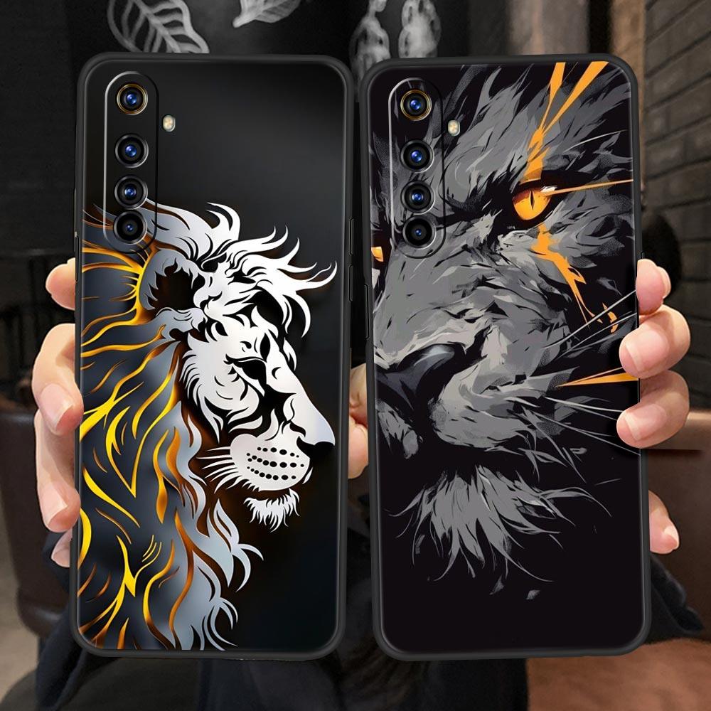 Cross Pattern Bicolor Lion Case For Realme C67 C63 C55 C53 C35 C25 C21 GT 2 3 5 6 10 11 12 13 Pro Plus 5G Soft TPU Phone Cover