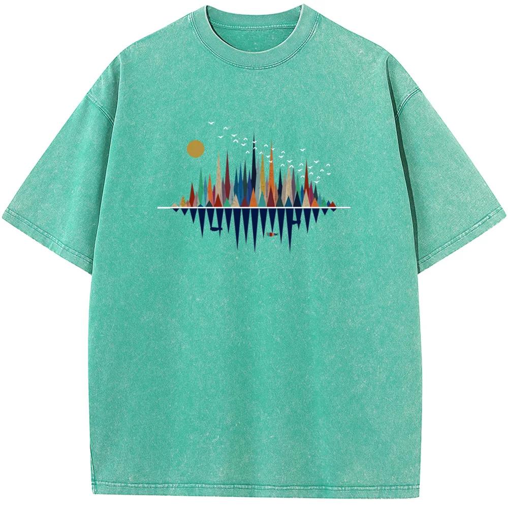 Men's Retro Geometric Happy Natural Washed T-Shirt Cotton Vintage Bleached Tshirt Tops Casual Loose Bleach T shirt