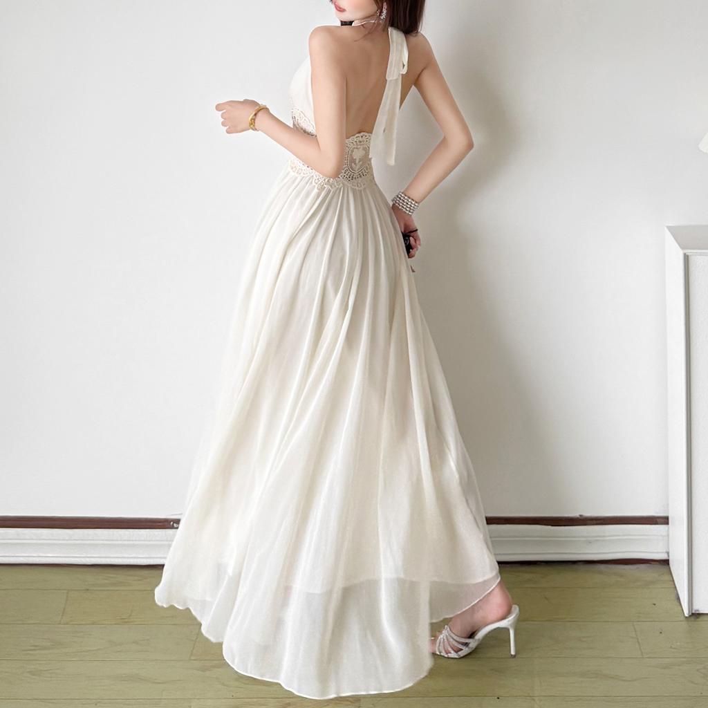 2026 European and American summer new elegant temperament splicing lace neck backless gauze slim dress women