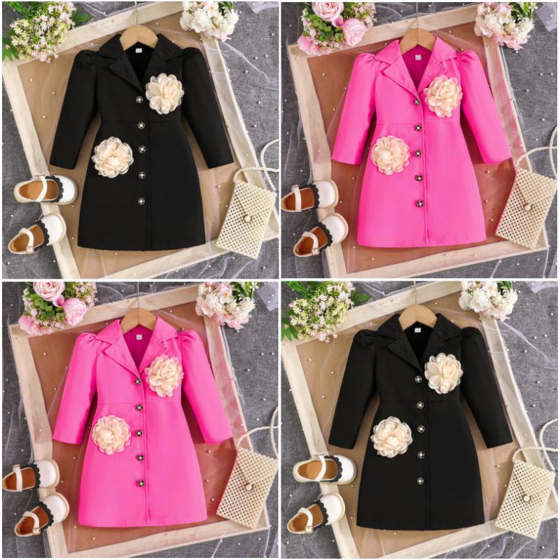 Girls Fashion Suit Collar Dress Rose Pink Puff Sleeves + 3D Flowers Sweet Dress for Older Children