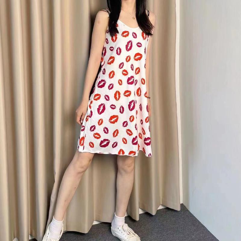Women's Sleepwear Butterfly Print Lettuce Trim Nightdress Casual Round Neck Backless Mini Slip Dress Soft Comfortable Nightwear