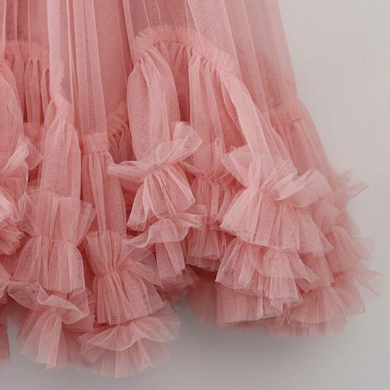Mesh Yarn Midi Skirt High Elastic Waist Ruffles Trim A-line Skirt