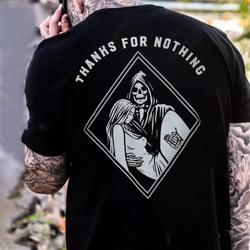 Summer Men's Letter Skull Print Round Neck T-shirt Punk Retro Trend Outdoor Pure Cotton Hip-hop High Street Short Sleeved Shirt