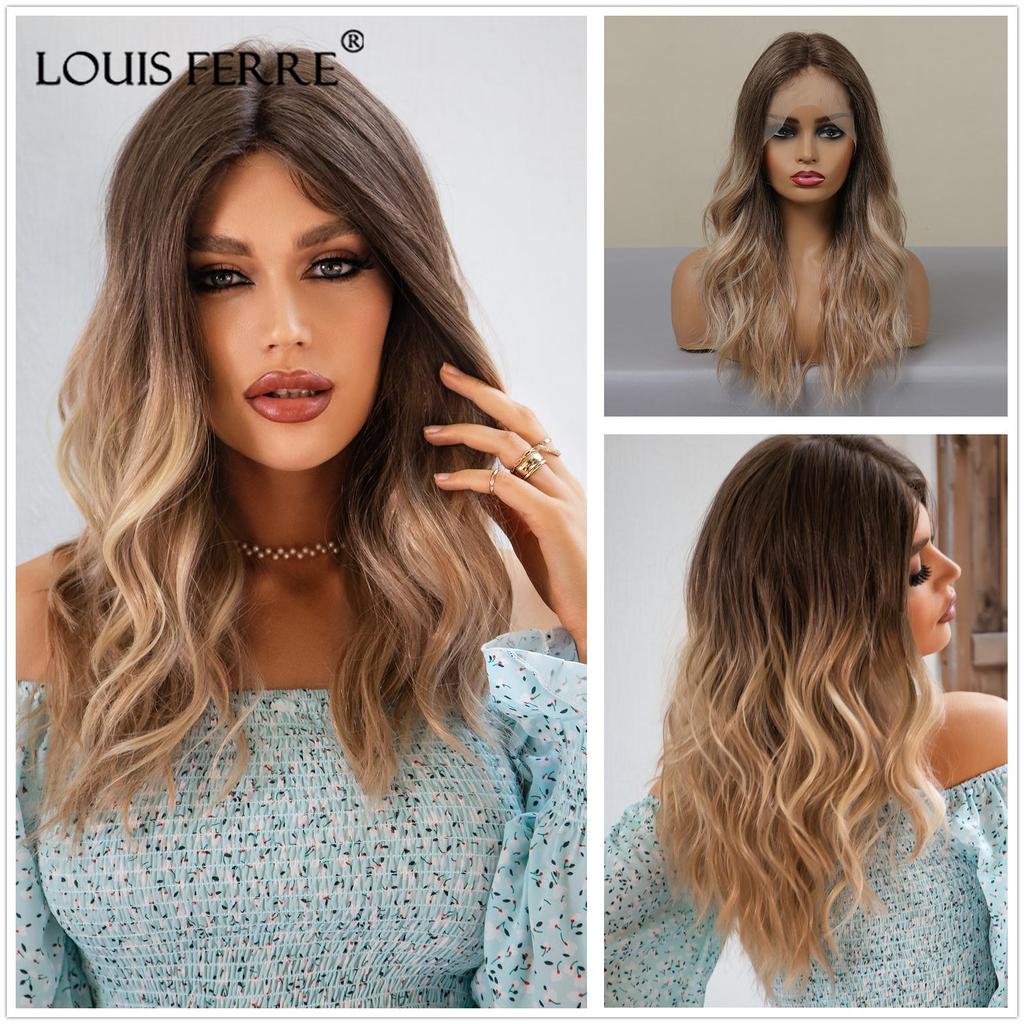 LOUIS FERRE Lange, gewellte Lace-Front-Perücken, blond-weiße Perücke für schwarze und weiße Frauen, Alltags- und Partyhaar, synthetisch, hitzebeständig