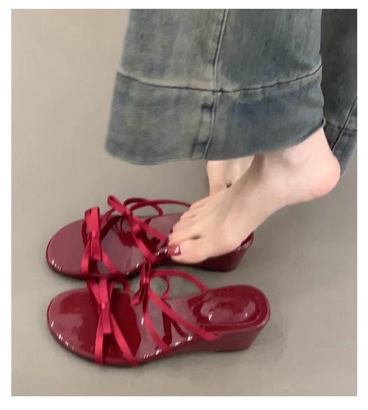 

Wedge heel gentle evening breeze bow slippers 2025 summer new French temperament elegant purple with skirt sandals 35