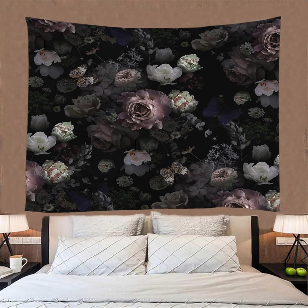 Black Floral Tapestry Retro Flower Bloosom Rustic Rose Watercolor Peony Vintage Boho Gothic Spring Plant Leaves Home Decor Wall