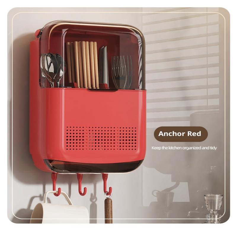 Wall Mounted Kitchen Cutlery Holder Breathable Dust-Proof Utensil Drainer No Punching With Lid Chopstick Storage Box