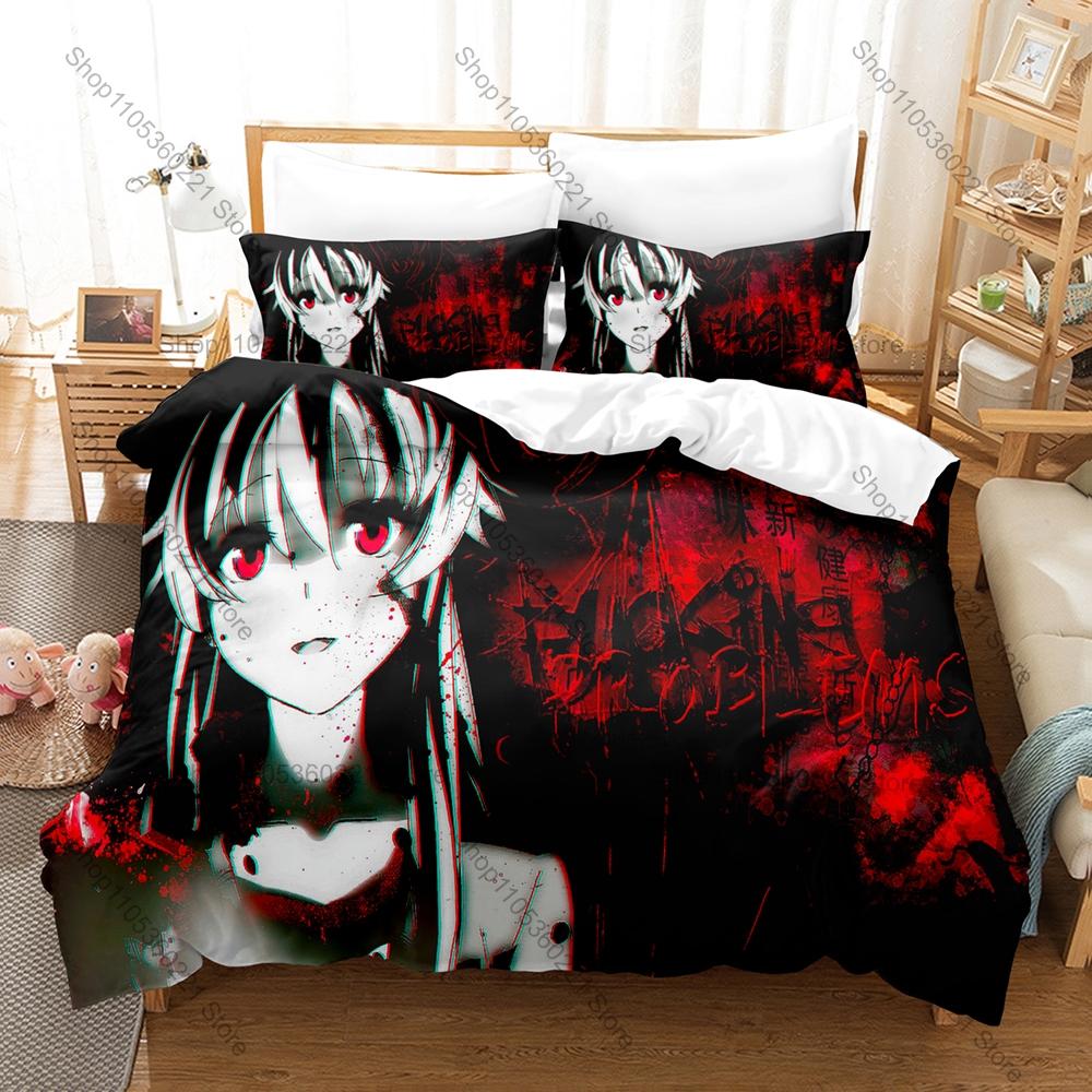 Cool Mirai Nikki Yuno Gasai Bedding Set 3 Piece Breathable Duvet Cover Set for Kpop Fans Gift Bedroom Decoration