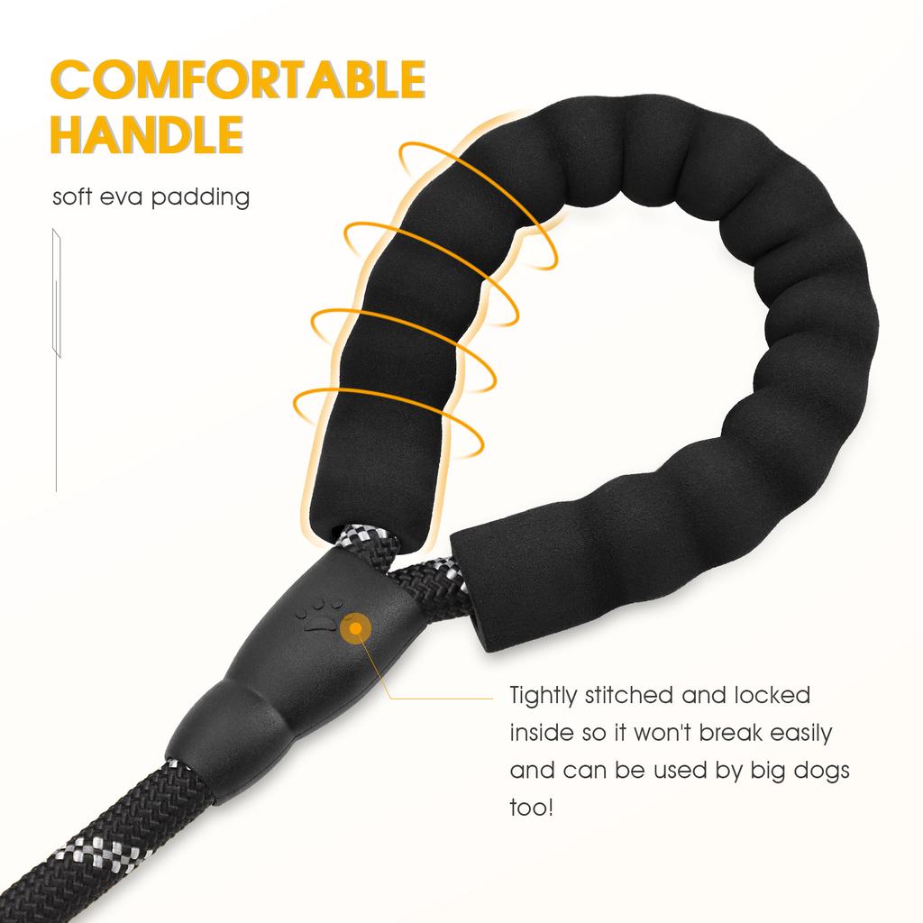 Husdjurshundkoppel med mjukt vadderat handtag, Mycket reflekterande rep för nattpromenader, 360-graders roterande metallspänne utan trassel,