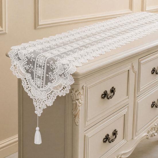 White Lace Table Runner, Embroidery Cotton Lace Fabric Table Cover, Vintage Floral Lace Table Runner for Tea Party Decor, Wedding Bridal Shower Baby