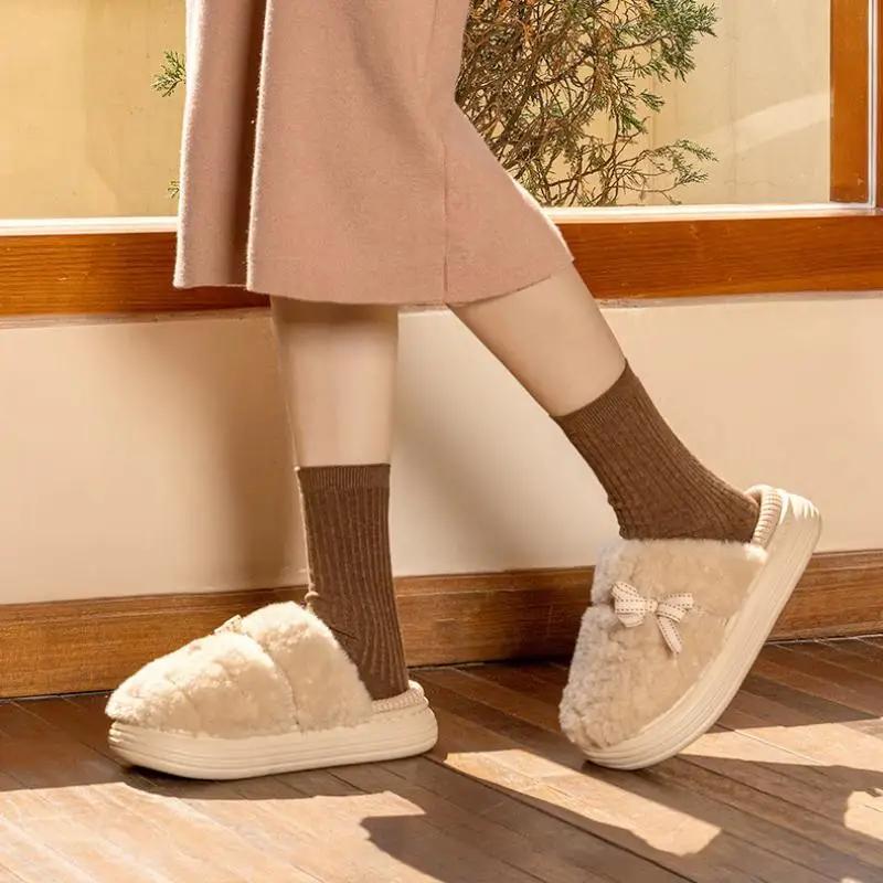 Fashion Platform Fluffy Slippers Women House Flats Cute Bowknot Designer Winter Shoes Girls Fashion Plush Casual Footwear Elegant Indoor