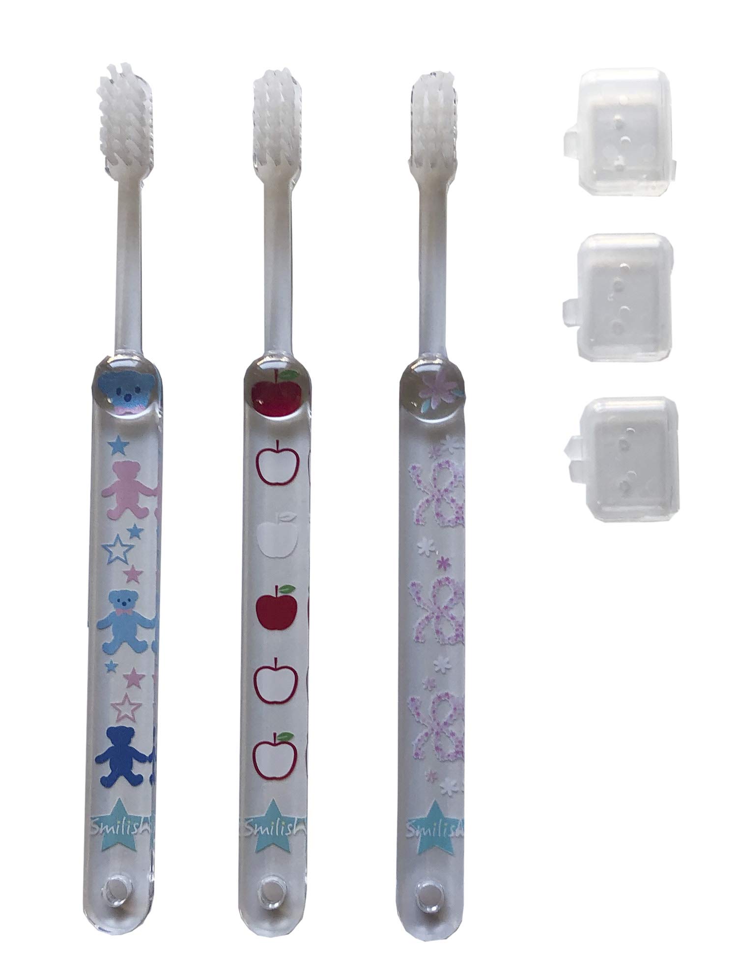 

Toothbrush Set of 3 for ABC and Flower Ribbon Designs Children s (with Caps) Girls, Apple, Bear, красный