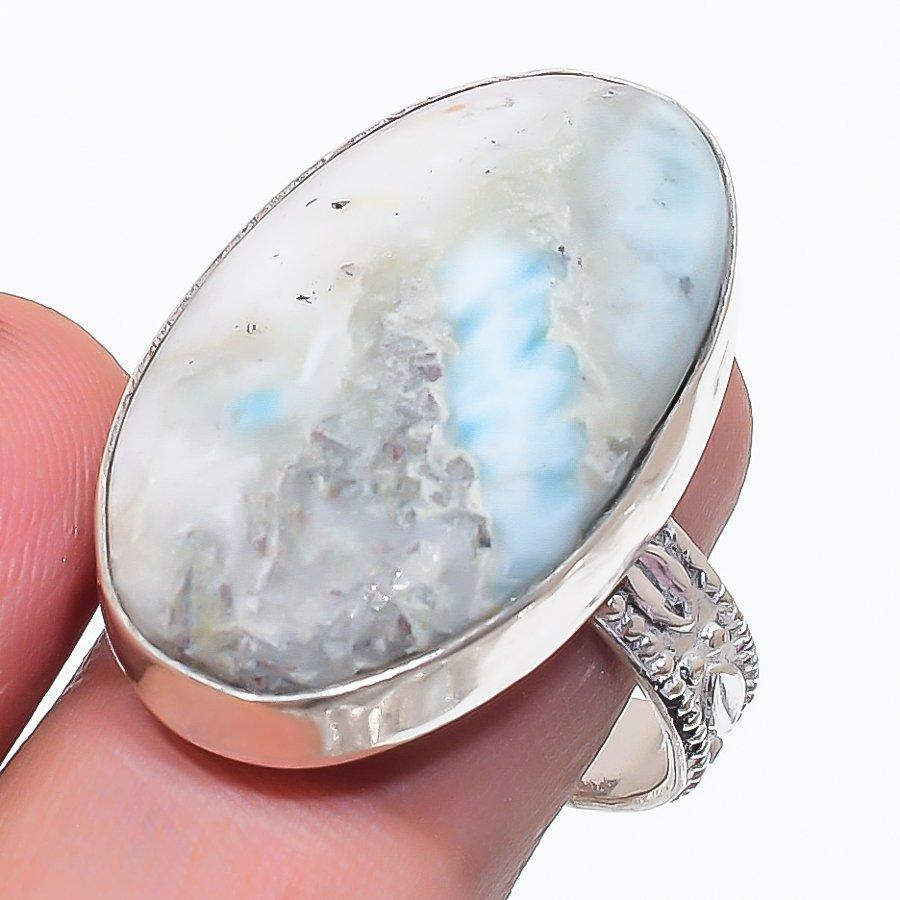 Natural Larimar Gemstone Handmade 925 Sterling Silver Jewelry Ring Size 9 N0a40