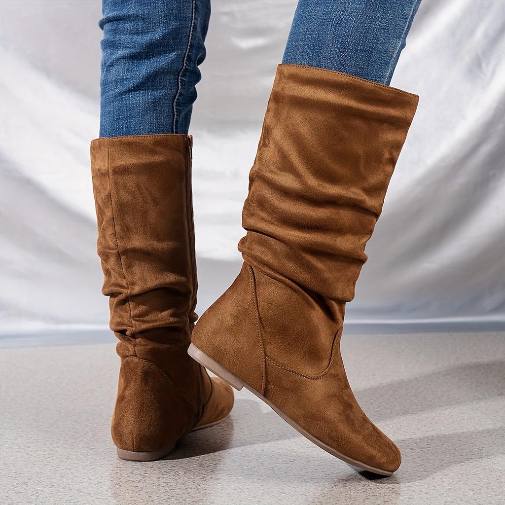Women'S Solid Color Trendy Boots, Side Zipper Casual Flat Mid Calf Boots, Minimalist Round Toe Boots