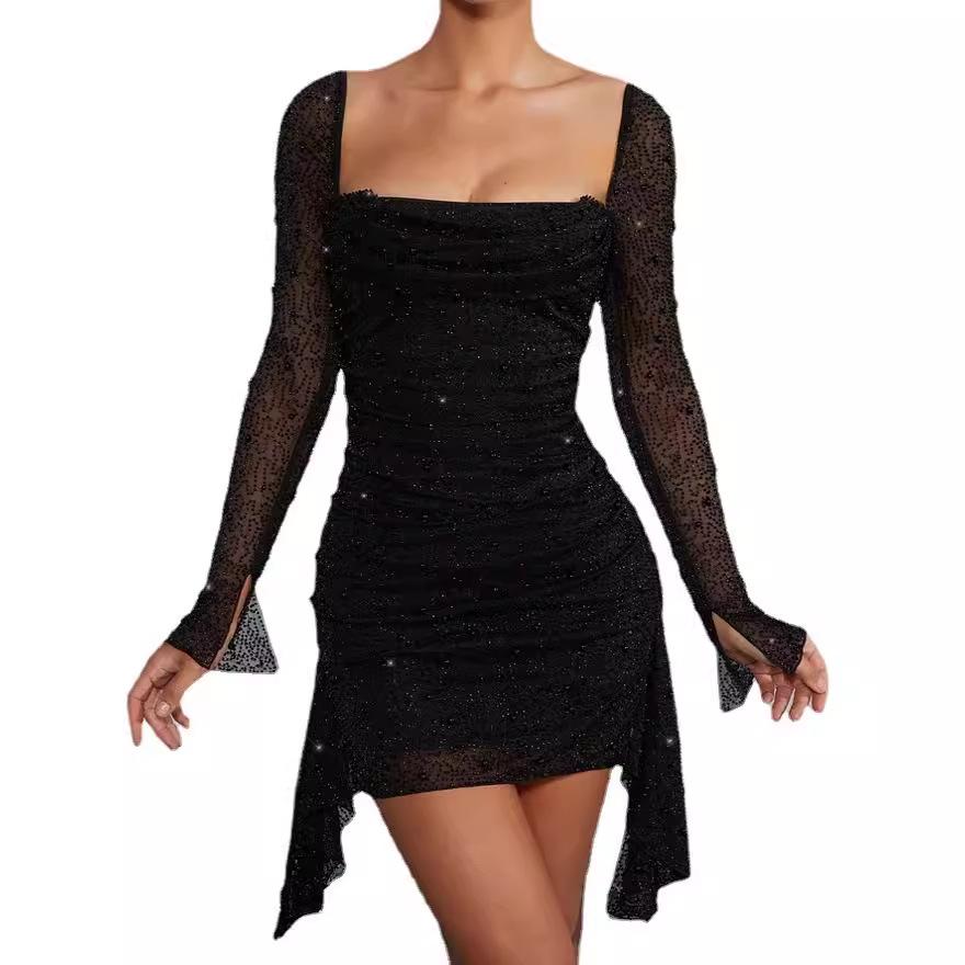 2024 Europäisch-Amerikanische Mode Frühling/Sommer Langärmeliges Kleid mit Perlenverzierungen